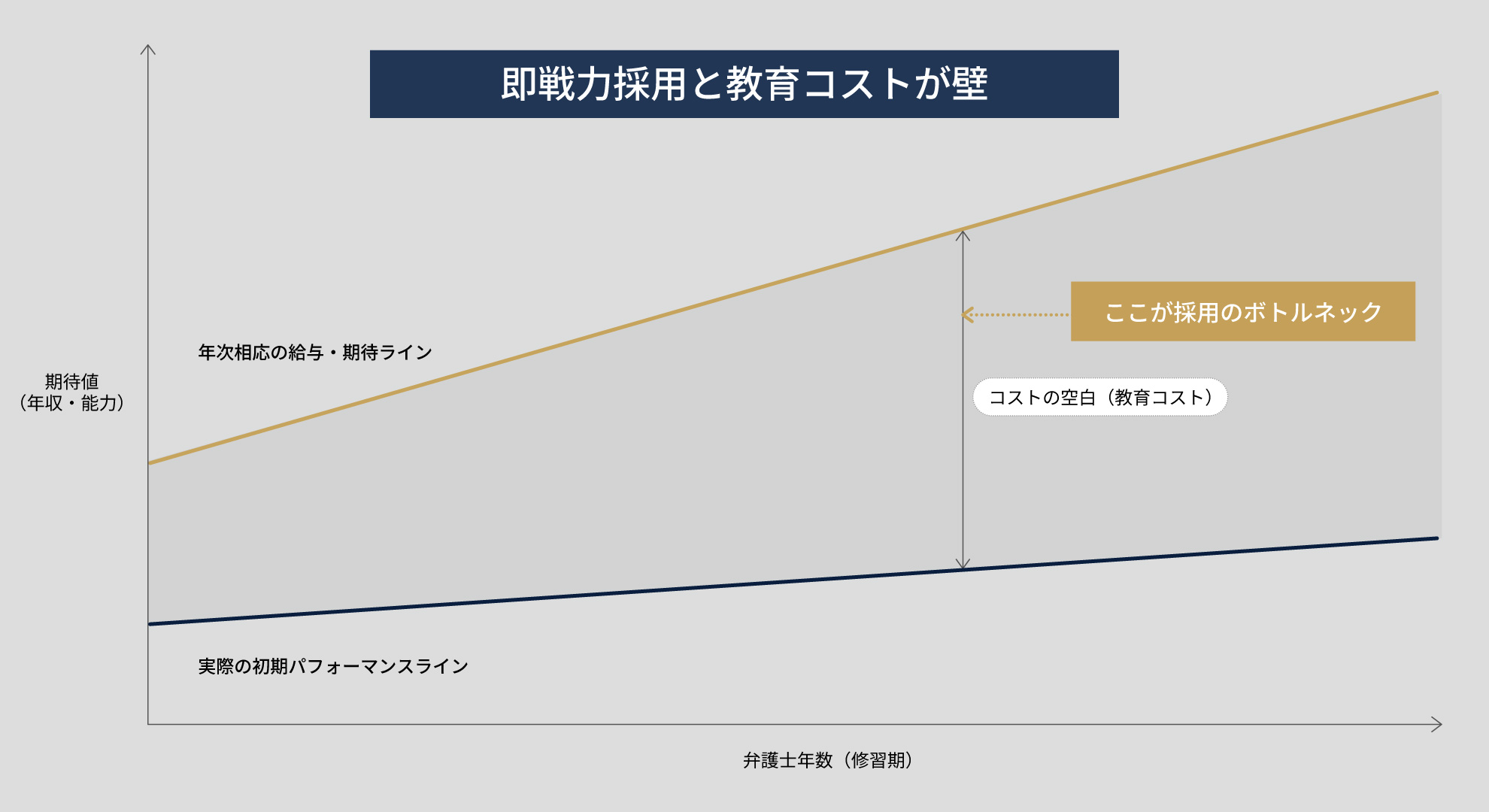 即戦力採用の壁となる、年収期待値と実際の初期パフォーマンスの乖離（教育コスト）を示すグラフ
