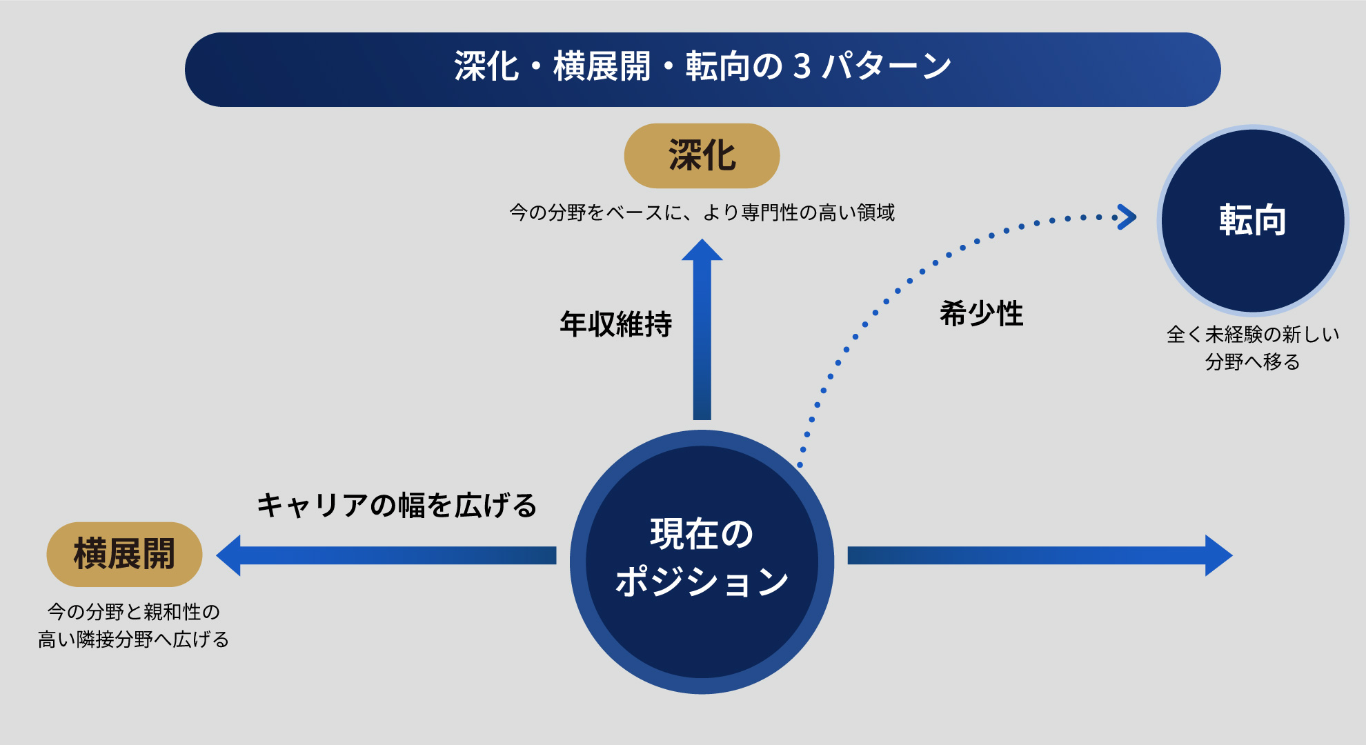 専門分野のキャリア戦略として「深化」「横展開」「転向」の3パターンとそれぞれの特徴を示した図