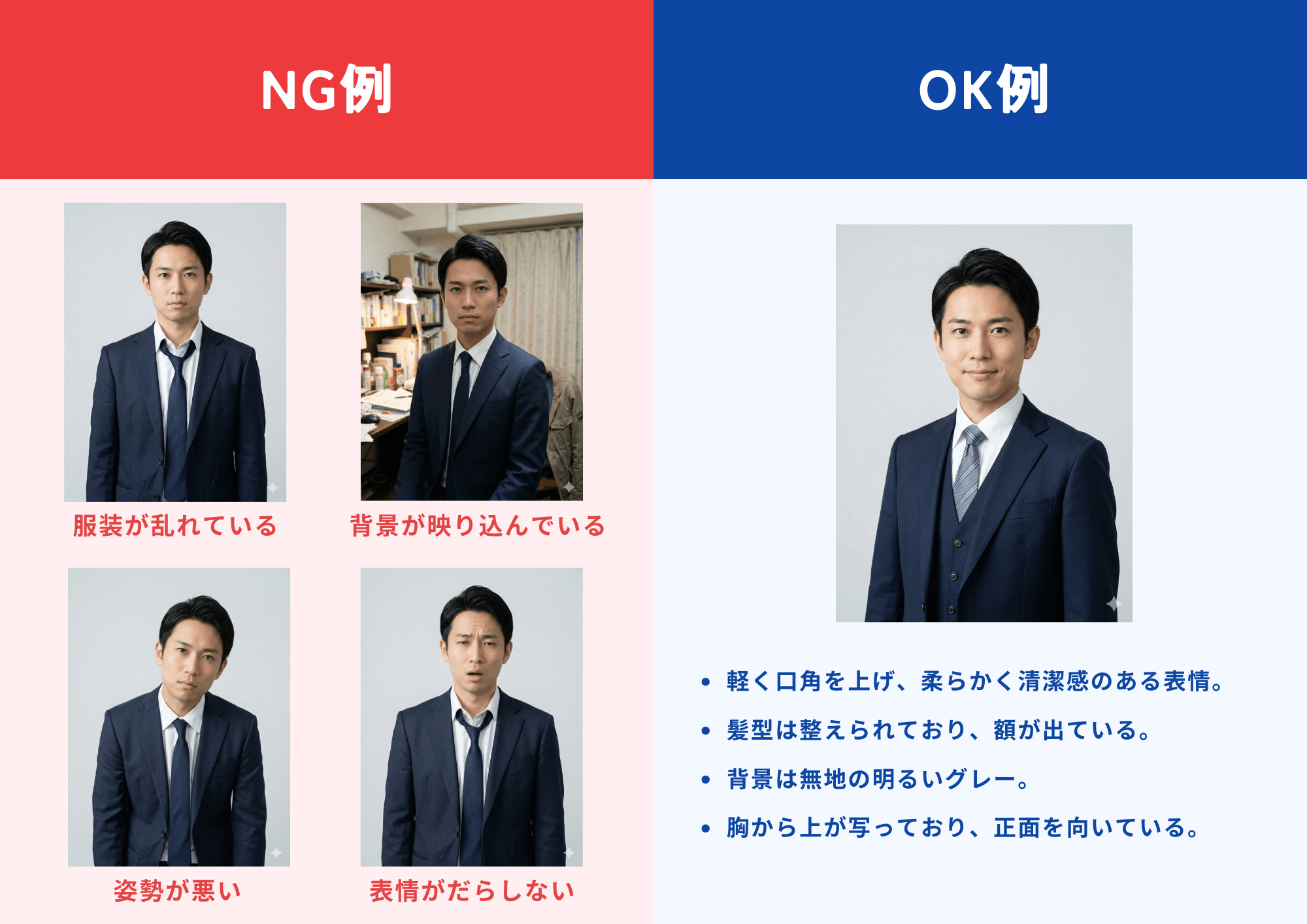 履歴書に貼る写真のNG例とOK例