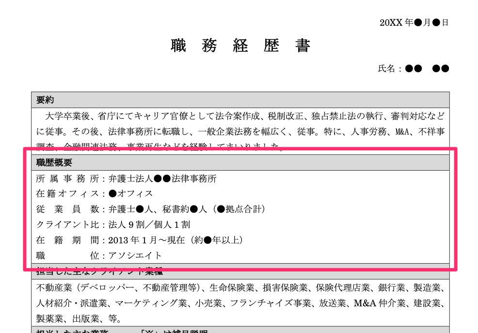 職歴概要の入力例
